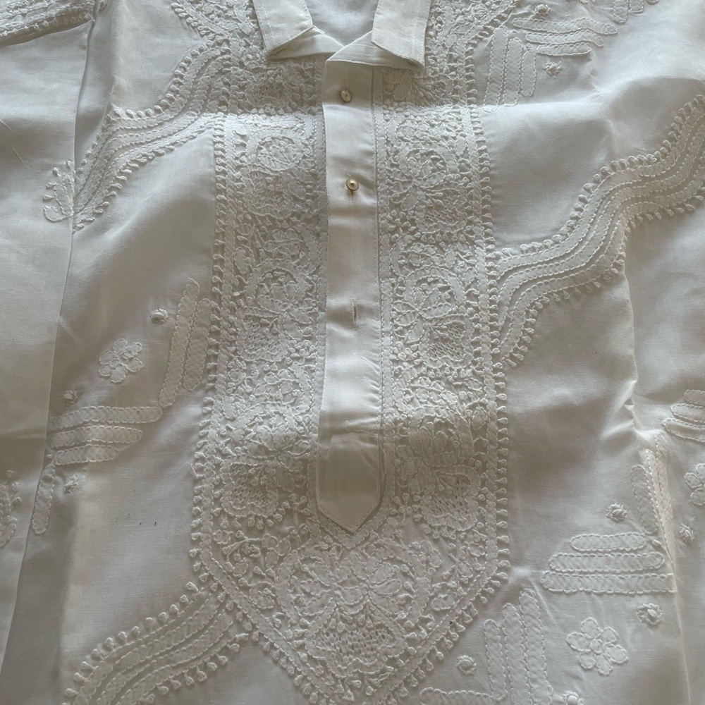 White Casual Button Down Shirt with Intricate Embroidery